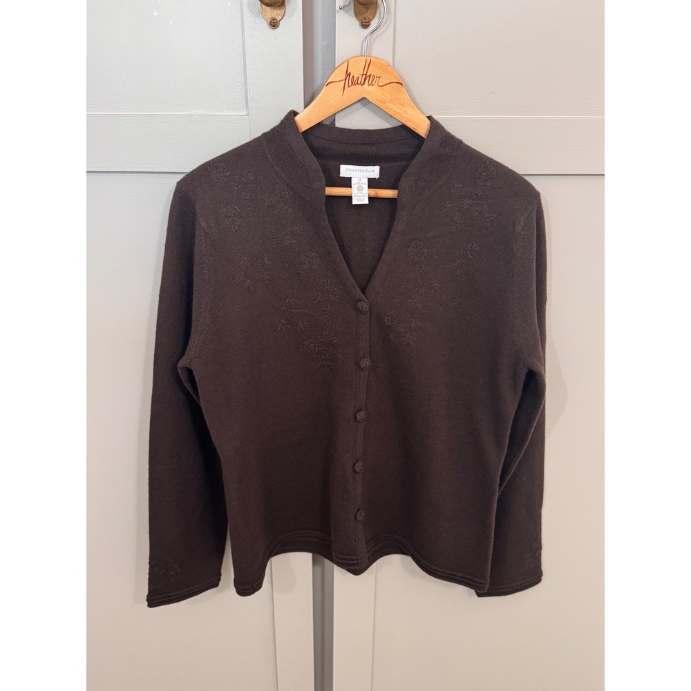 Charter Club Womens Brown 100% Merino Wool Embroidered Cardigan Sweater Size M